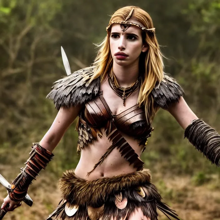 Image similar to full length photo of emma roberts as an amazon warrior, highly detailed, 4 k, hdr, smooth, sharp focus, high resolution, award - winning photo