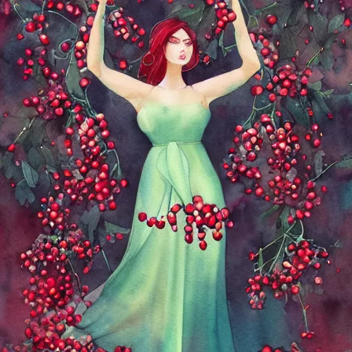 Prompt: Persephone surrounded by pomegranates, beautiful, elegant, watercolor, render, trending on artstation