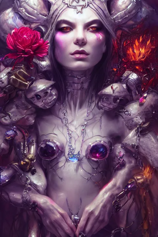 Image similar to beautiful demon model wearing crystal crown full of jewels and blood electricity, warhammer, cyberpunk, 3 d render, hyper realistic detailed portrait, holding fire flowers, scifi, fantasy, hyper detailed, octane render, concept art, peter mohrbacher, artgerm, ruan jia, wlop