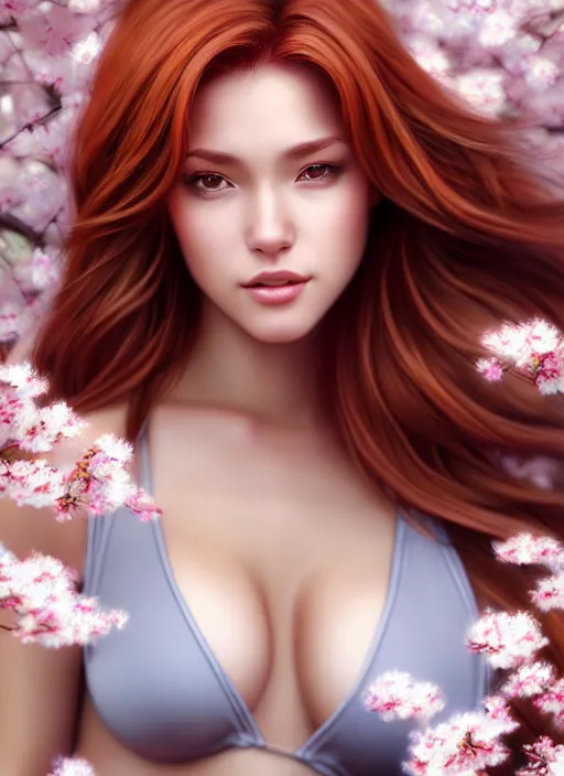 Image similar to photo of a gorgeous female with auburn hair in the style of stefan kostic, realistic, body shot, sharp focus, 8 k high definition, insanely detailed, intricate, elegant, art by stanley lau and artgerm, cherry blossoms