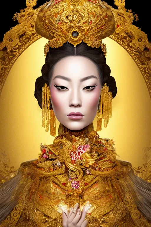 Image similar to a beautiful empress portrait, with a brilliant, impossible striking shiny big gold headpiece, gold clothes, rococo, baroque, jewels, asian, realistic, closeup, D&D, fantasy, intricate, elegant, highly detailed, digital painting, artstation, octane render, studio lighting, 8k, concept art, matte, sharp focus, illustration, art by Gustav Klimt, Artgerm and Greg Rutkowski and Alphonse Mucha