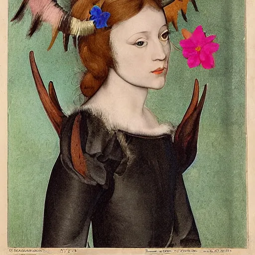 Prompt: portrait of a harpy girl with antlers changing into a flower in a botanical garden, fashion editorial by hans holbein, alexej von jawlensky, clifford judson huss, full body