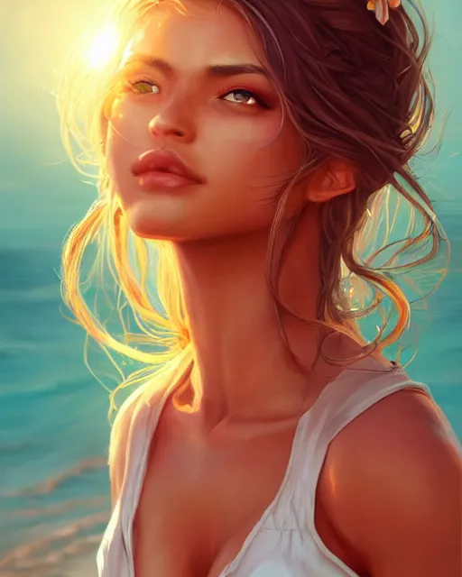 Image similar to summer vibes, beautiful sun tanned goddess portrait, flowy sunkissed hair, sun, summer, cinematic lighting, highly detailed, digital painting, trending on artstation, pixiv, concept art, sharp focus, illustration, art by ross tran and wlop