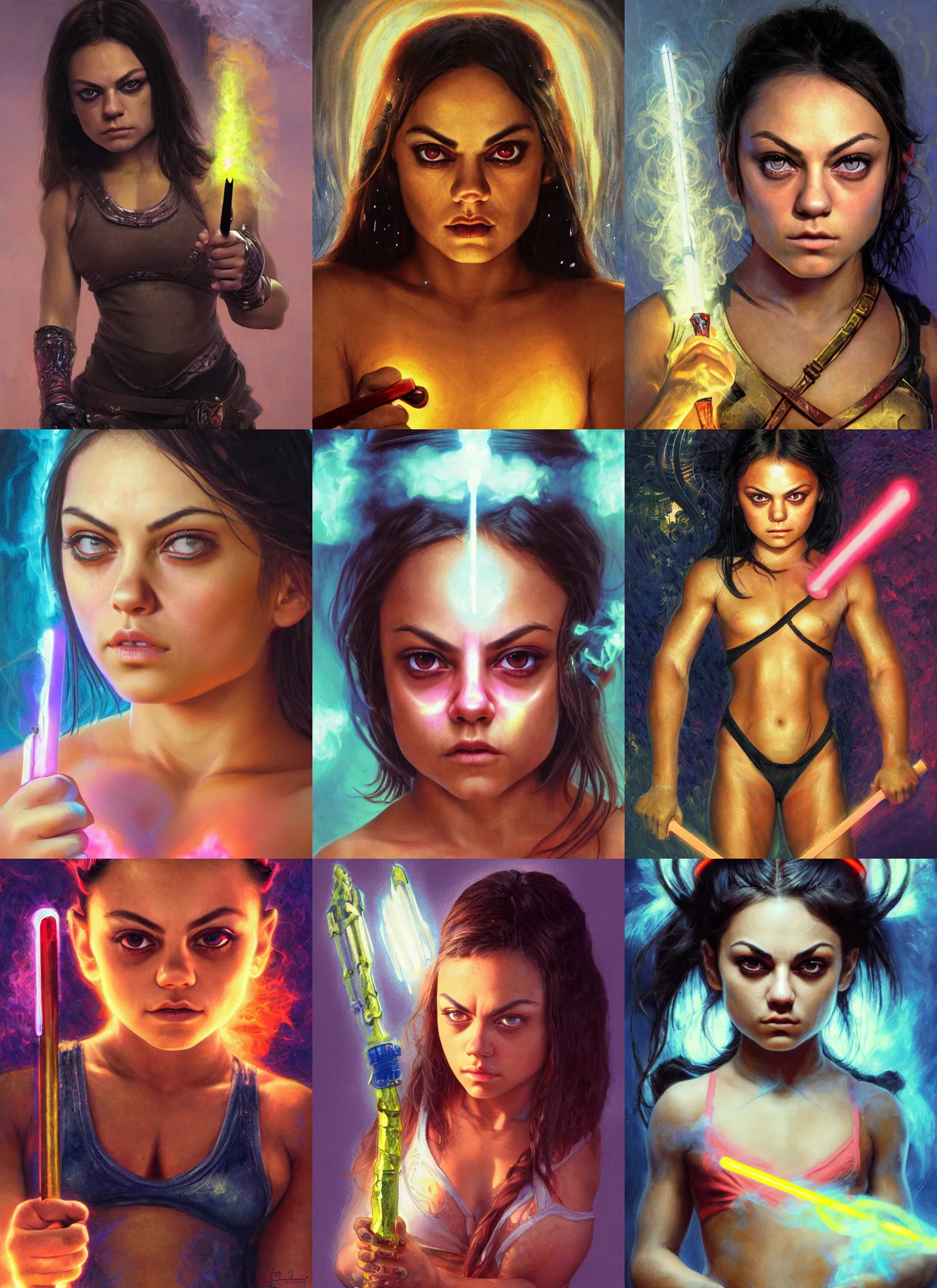 Prompt: bodybuilder mila kunis closeup portrait of a beautiful biblical diabolical little samurai girl looking into the camera holding a neon glowing sword, puffs of smoke, golden hour, gerald brom, mikhail vrubel, peter elson, muted pastel colors, extreme detail, light rain, trending on artstation, 8 k