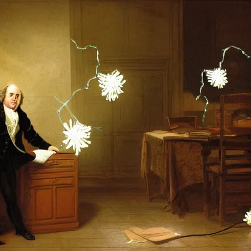 Image similar to benjamin franklin angrily throwing a string of led lights in the trash