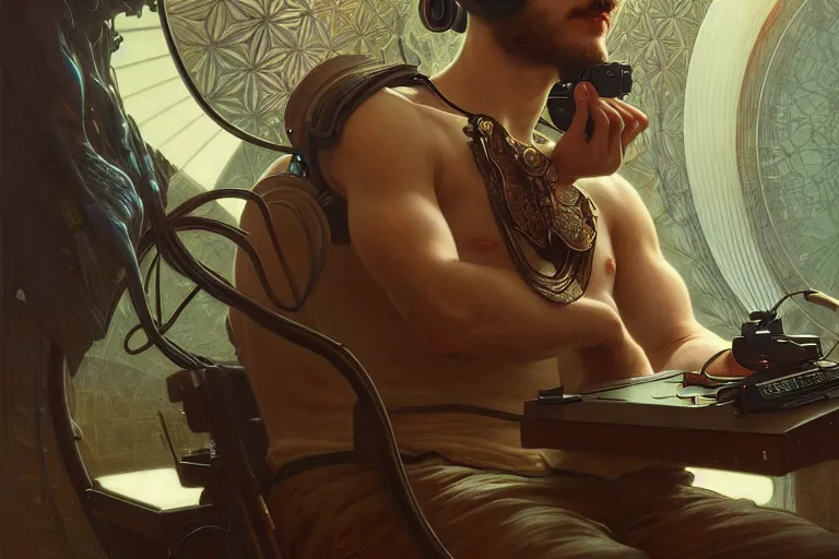 Prompt: ultra realistic, beautiful male plugged into the internet, sitting in chair, vr, sci - fi, intricate details, eerie, highly detailed, octane render, 8 k, art by artgerm and alphonse mucha and greg rutkowski