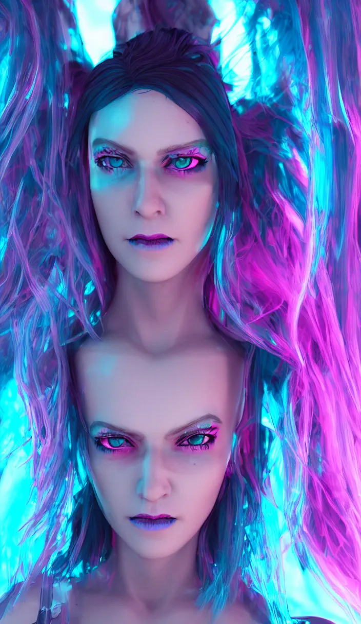 Image similar to a portrait of a cyberpunk woman, blue neon hair, pink eyes, hyperdetailed, rtx, hdr, 3 d render, octabe render, 8 k.