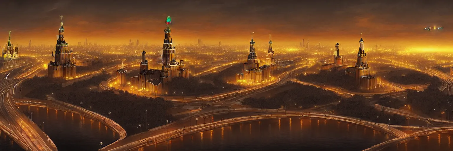 Image similar to a beautiful highly detailed matte painting of a night at Moscow city, by Jose Daniel Cabrera Pena and Leonid Kozienko concept art by Tooth Wuan