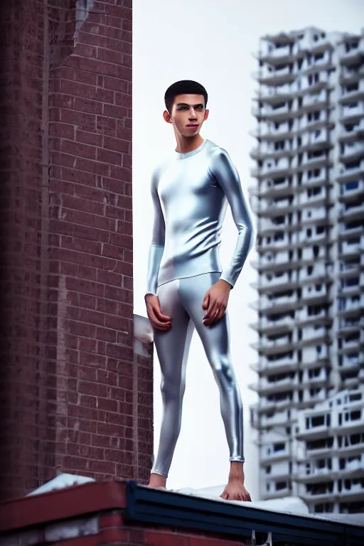 Image similar to un ultra high definition studio quality photographic art portrait of a young man standing on the rooftop of a british apartment building wearing soft padded silver pearlescent clothing. three point light. extremely detailed. golden ratio, ray tracing, volumetric light, shallow depth of field. set dressed.