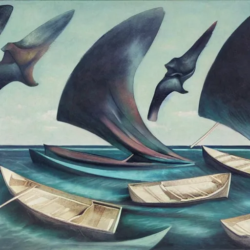 Image similar to by marco mazzoni, by ernst wilhelm nay relaxed, spirited. the performance art of a huge wave about to crash down on three small boats. the boats are filled with people, & they all look terrified.