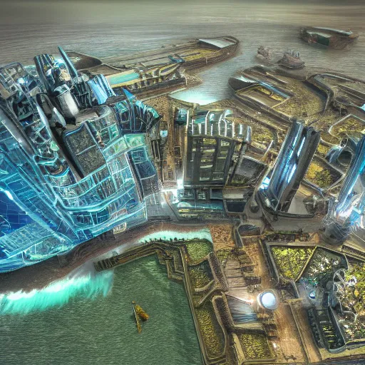 Image similar to solarpunk sea city, highly detailed, 4k, HDR, smooth, sharp focus, hyper realistic, high resolution