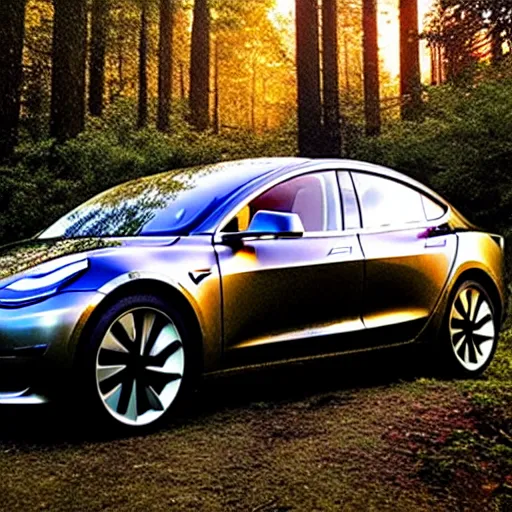 Image similar to renaissance painting of a tesla model 3 in a forest at sunset