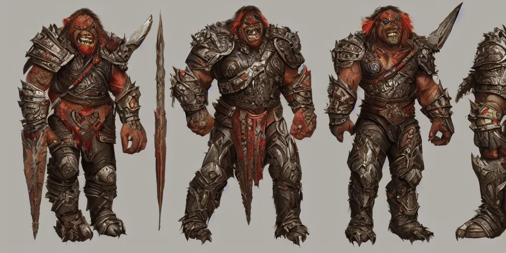 Image similar to different views of orcs in armour, colourful intricate! concept art by senior character artist, trending on artstation, artstation hd, full body character render