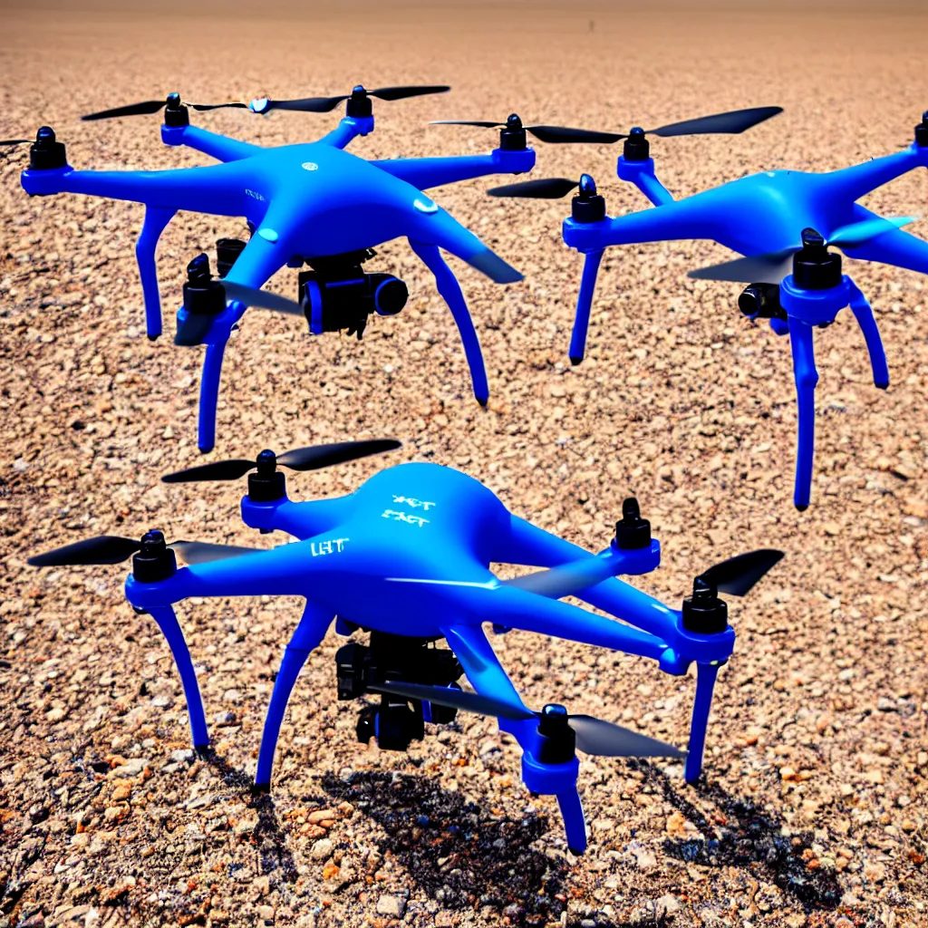 Prompt: bright blue colored drone aircraft shooting insect pests with a laser in the australian desert, XF IQ4, 150MP, 50mm, F1.4, ISO 200, 1/160s, natural light