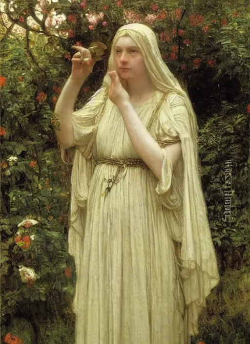 Image similar to galadriel of lothlorien, art by thomas cooper gotch and lawrence alma - tadema