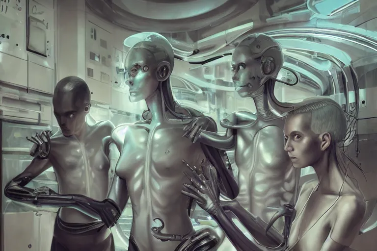 Prompt: androgynous cyborgs creating humans in a sophisticated bio lab, specimens submerged in incubators, sci - fi, neon lighting, sophisticated, futuristic, highly detailed, intricate, sharp focus, digital illustration, smooth, by artgerm, wlop, syd meade, greg rutkowski, trending on artstation