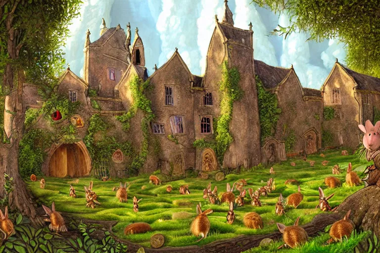 Image similar to an elaborate and dense painting of redwall abbey in mossflower wood with lots of mice and rabbits and otters walking around, detailed by brian jacques