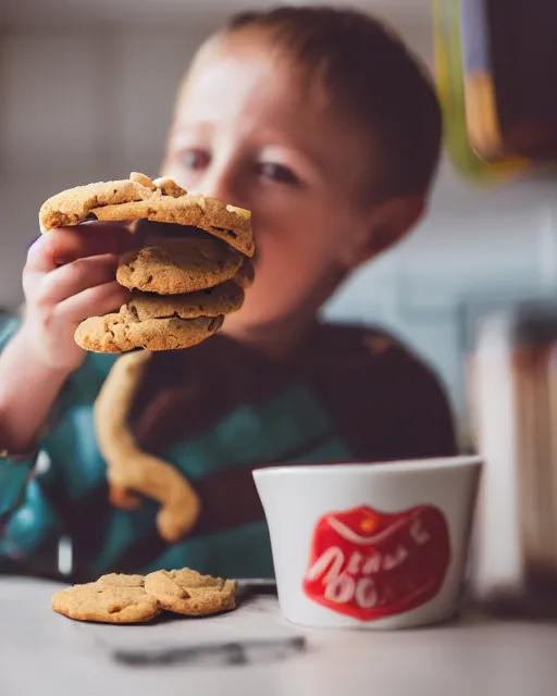 Image similar to high quality presentation photo of a real cute goblin eating cookies in a retro kitchen, photography 4k, f1.8 anamorphic, bokeh, 4k, Canon, Nikon