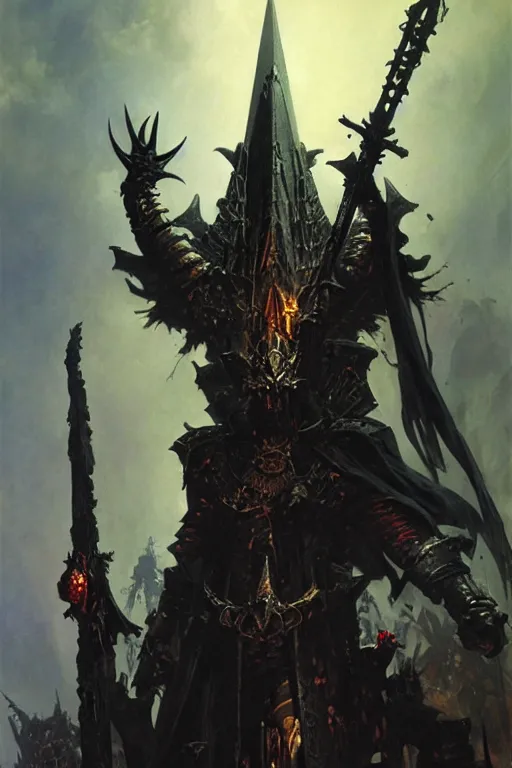 Prompt: nagash atop his black pyramid, onyx, evil, grim dark, warhammer, evil aura, portrait dnd, painting by gaston bussiere, craig mullins, greg rutkowski, yoji shinkawa