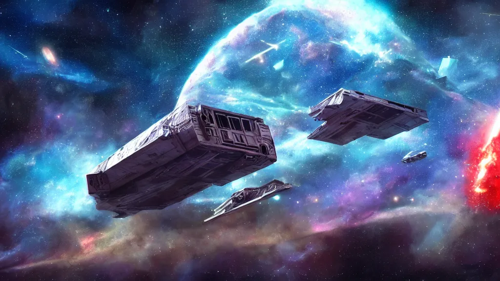 Prompt: a photorealistic concept art painting of a space van flying in front of a nebula, metal with graffiti on the side, still from star wars : a new hope, 4 k hd wallpaper, premium prints available, hyper realistic, trending on artstation