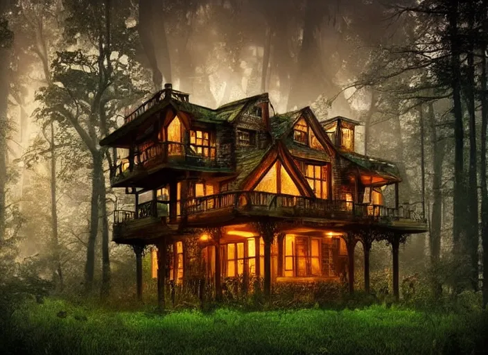 Prompt: house in a clearing in the middle of the forest, beautifully lit, steampunk, retro science fiction vintage art