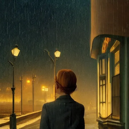 Image similar to Elle Fanning lost in the Bermuda Triangle in the world of Edward Hopper, stormy snowy weather, streetlights, extremely detailed masterpiece, oil on canvas, low-key neon lighting, artstation, Blade Runner 2049, Roger Deakin’s cinematography, by J. C. Leyendecker and Peter Paul Rubens,