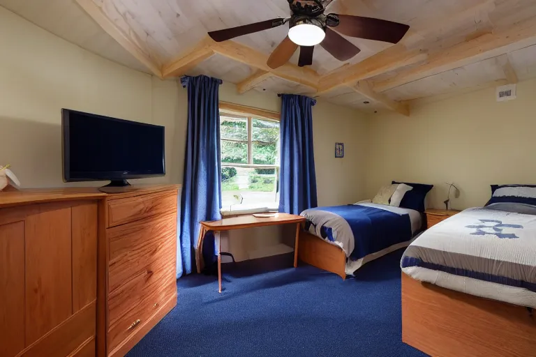 Prompt: a 10' × 11' room with a twin bed, big desk, and two wardrobes. A Little side table in a light wood veneer. A window, desk fan, table light, and a CRT TV is in the room. Carpeted with navy blue low pile carpet. The ceiling fan gives off a dim orange light, Ultra realistic