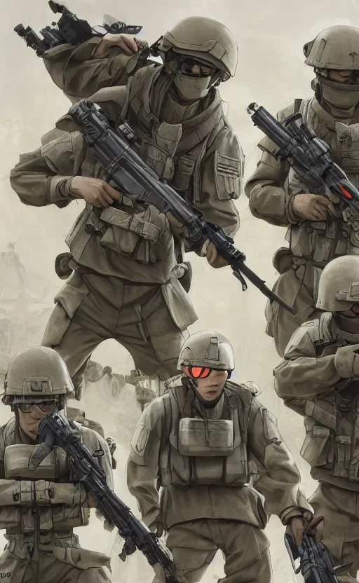 Image similar to mechanized infantry squad, urban warfare, soldier clothing, combat helmet, anime style, short hair, hair down, symmetrical facial features, from arknights, hyper realistic, 4 k, rule of thirds, extreme detail, detailed drawing, trending artstation, hd, tarkov, realistic lighting, by alphonse mucha, greg rutkowski, sharp focus, backlit