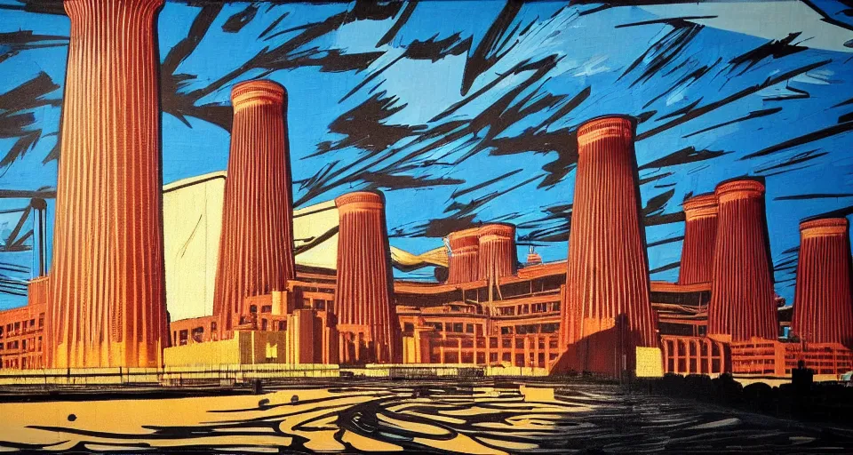 Image similar to battersea power station, highly detailed, dramatic lighting, intense shadows, rich deep colours, by roy lichtenstein