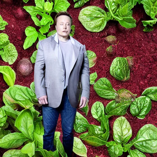 Image similar to Elon Musk skin like beets, in the garden, super realistic photo
