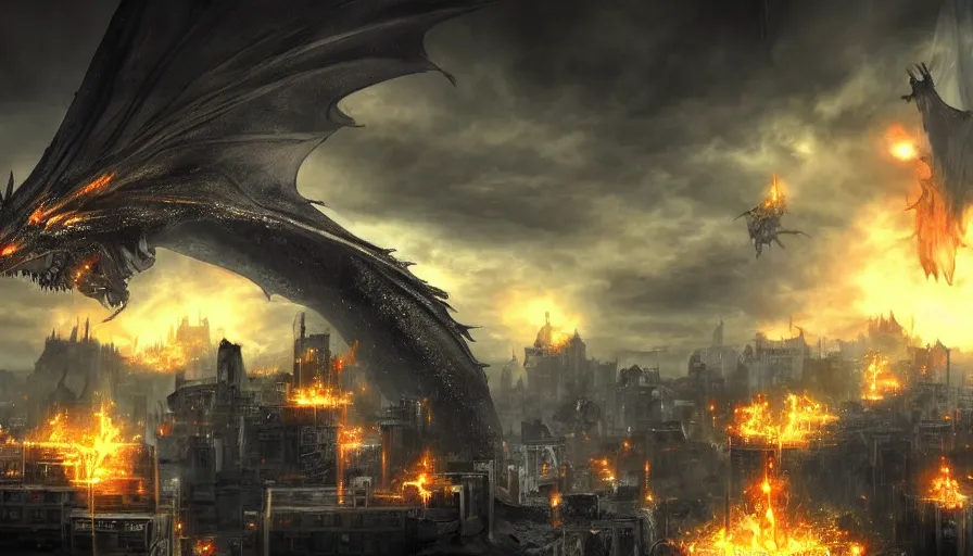 Prompt: mega detail, gigantic city, random inference, dragons breathing fire, dark magic, night fog, clouds, the matrix, in a battle, video game, final boss, character on platform in front of camera, final attack, debris, nuclear explosion