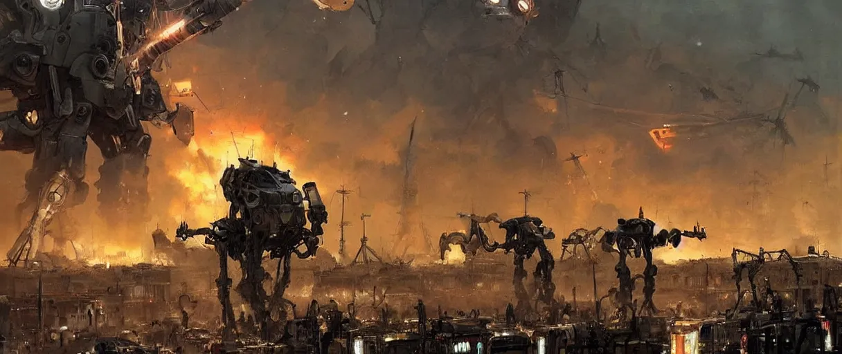 Image similar to war of the worlds, giant mech attack paris, human soldiers, intense fighting, glowing lights!! digital painting, very detailed, art by jakub rozalski