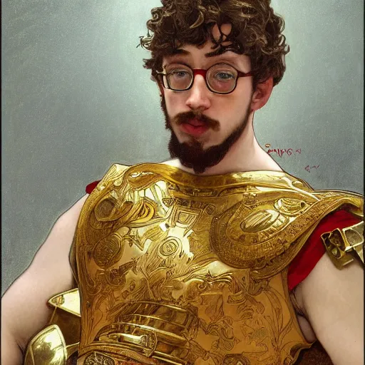 Image similar to Sam Hyde as a Roman warrior wearing gold and red armor, elegant suit, smoking a cigarette, portrait art by alphonse mucha and greg rutkowski, highly detailed, digital painting, concept art, illustration, dim lighting with twilight rays of sunlight, trending on artstation, very detailed, smooth, sharp focus, octane render, close up