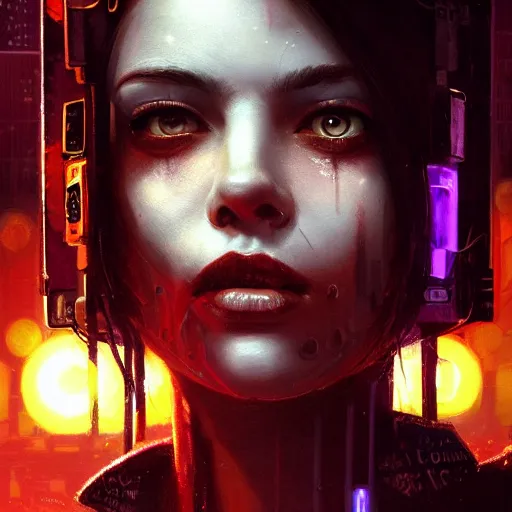 Image similar to molly millions, closeup portrait of a young beautiful cyberpunk woman, white eyes, black hair in a rough shag, sunset, neuromancer, street samurai, cyberpunk city background, megacity, gorgeous view, depth, painted by seb mckinnon, high detail, digital art, painted by greg rutkowski, trending on artstation