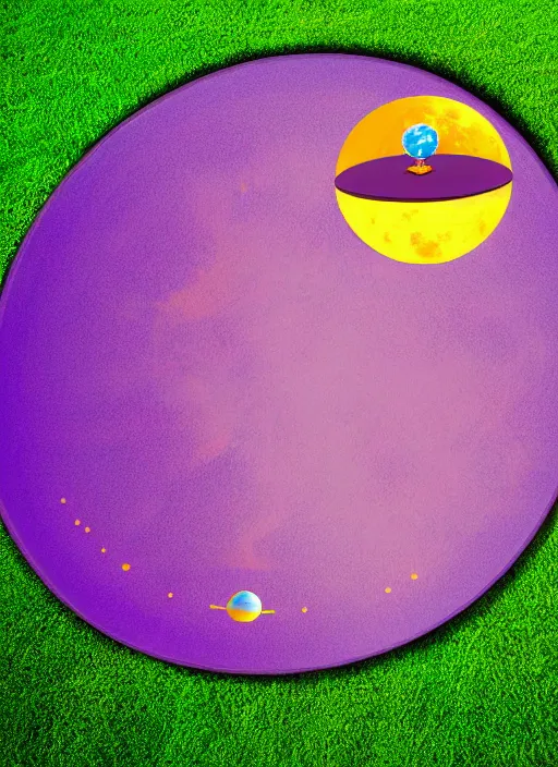 Prompt: syzygy of sun aligned with earth and moon above purple sheep grazing below solar panels on pink grass on a giant flying saucer. disney remake of supervips by bruno bozzetto.