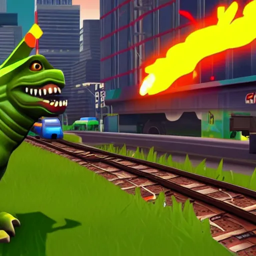 Image similar to an in-game screenshot of Godzilla as a playable skin in Subway Surfers, as coherent as Dall-E 2