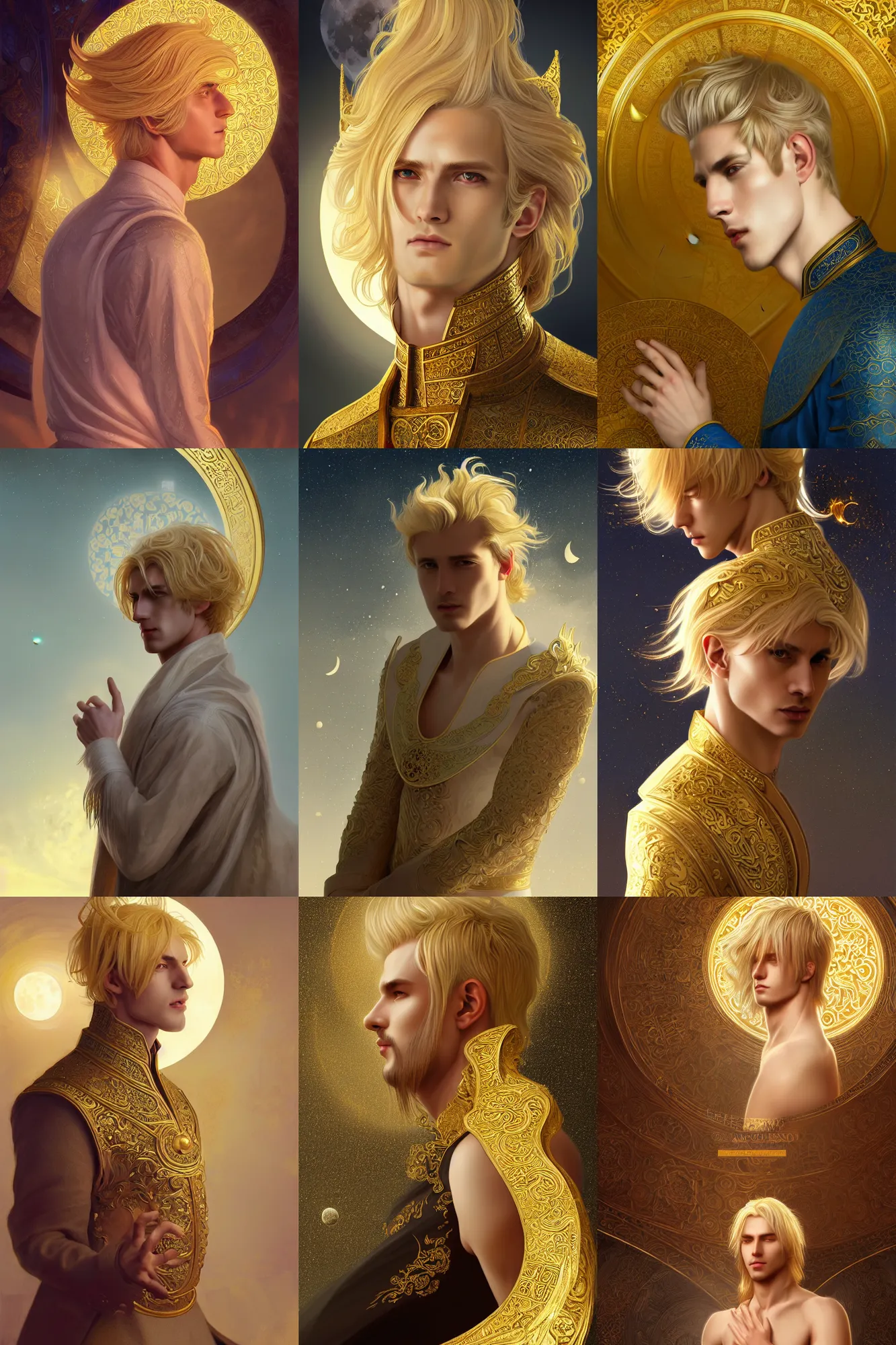 Prompt: portrait of blonde male as azazel, gold clothes, in the temple of heaven, profile, moon light, sci - fi and fantasy, intricate and very very beautiful and elegant, highly detailed, digital painting, artstation, concept art, smooth and sharp focus, illustration, art by tian zi and wlop and alphonse mucha