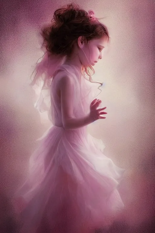 Prompt: very beautiful little girl dancing in the wind, beautiful face, ethereal, beautiful wedding dress, pink, gorgeous, volumetric lighting, elegant, fluid, ultradetailed, digital painting, concept art, illustration, limited color palette, atmosphere and tension, art by greg olsen and liz lemon swindle