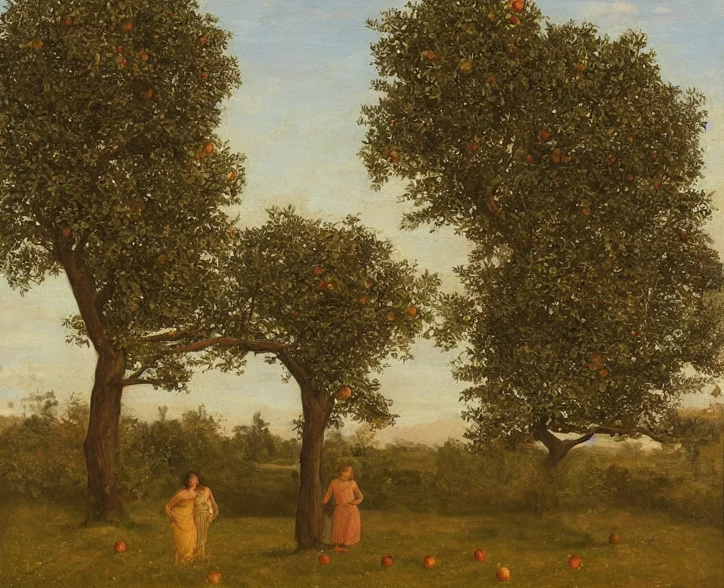 Prompt: Single apple tree in empty garden. Two naturist women wearing fig leaves stand on both sides of a lonely apple tree, facing the camera, one holds apple in hand, classical painting, realism, golden hour