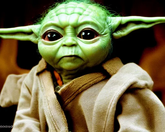 Prompt: Film still close-up shot of Baby yoda as Michael Myers from the movie Halloween. Photographic, photography