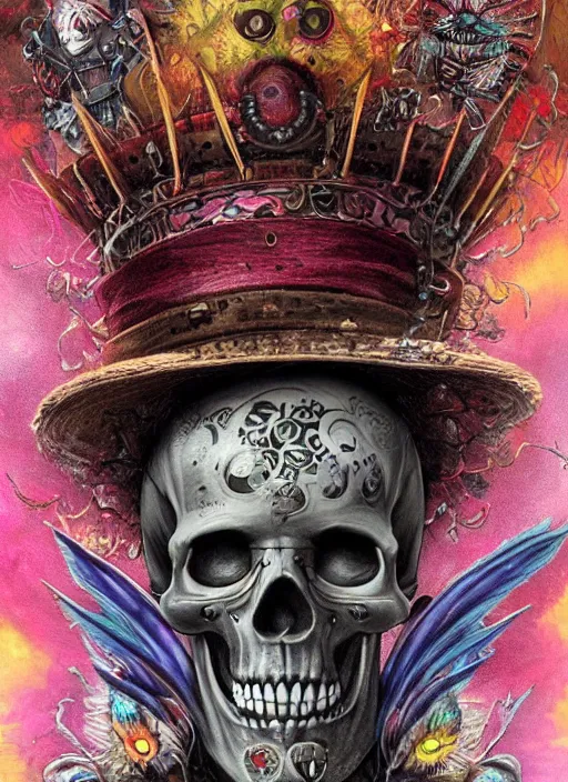 Image similar to mad hatter, aztec god, skull, highly detailed, cinematic, 8 k, by megan duncanson, benjamin lacombe, adrian borda, stanley artgermm, tom bagshaw, craig mullins, carne griffiths, ayami kojima, beksinski, giger, trending on deviantart, hyper detailed, horror, full of colour