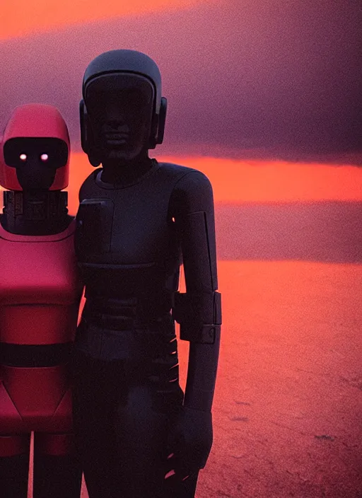 Image similar to cinestill 5 0 d photographic portrait of two loving female androids wearing rugged black techwear on a desolate plain with a brutalist monument and a red sky, extreme closeup, cyberpunk style, dust storm, 8 k, hd, high resolution, 3 5 mm, f / 3 2, ultra realistic faces, ex machina