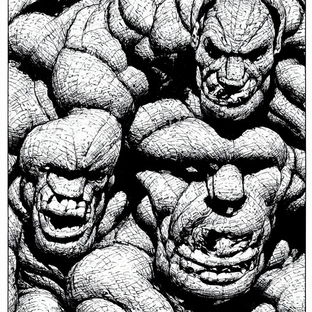 Prompt: A dramatic close-up portrait of Ben Grimm The Thing as illustrated by Jack Kirby, highly detailed, 8k, sparse dark atmosphere, perfect pen and ink line art, large hulking figure, highly hyperdetailed and precisely inked, perfect facial symmetry, futuristic, cosmic, full color Marvel Comics 1968, Fantastic Four, dim lights, high technical detail