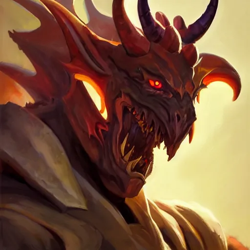 Image similar to Greg Manchess portrait painting of a horned, demonic, devil dragon armored character from league of legends, medium shot, asymmetrical, profile picture, Organic Painting, sunny day, Matte Painting, bold shapes, hard edges, street art, trending on artstation, by Huang Guangjian and Gil Elvgren and Sachin Teng