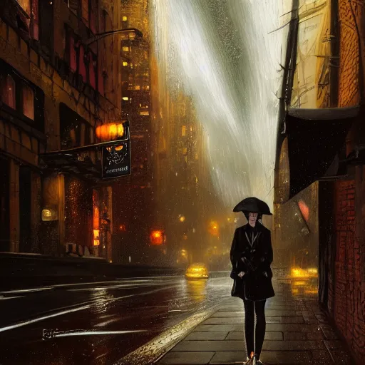 Image similar to detailed intricate digital illustration by greg rutkowski and artgerm and wlop and sanford robinson gifford and annie leibovitz ; girl standing in windy rainy city street, long exposure light streaks from car lights ; 1 3 mm film, cinestill 8 0 0 t, arri alfa anamorphic lens ; sharp focus ; trending on artstation 8 k close view