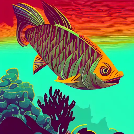 Image similar to one stylized fish, viewed in profile, dark ocean, complex patterns, artstation, intricate, realistic, highly detailed, digital painting, concept art, sharp focus, illustration by tom whalen and charles williams and kilian eng and james jean