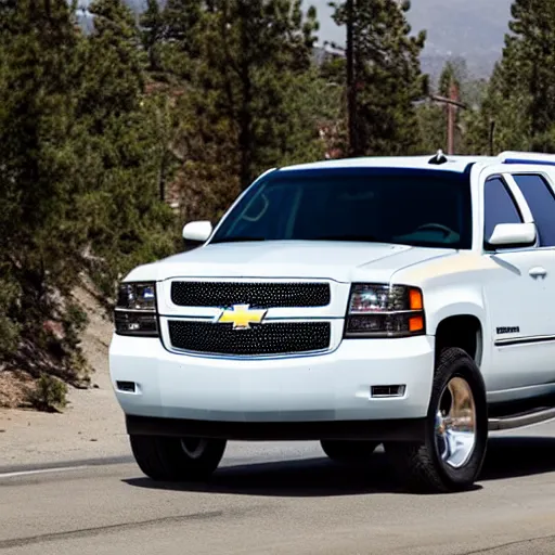 Image similar to white 2001 Chevrolet suburban, car photography, taken in big bear lake California