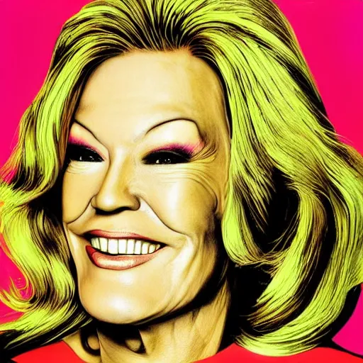 Image similar to handsome, jocelyn wildenstein, pop art poster, vivid colors, cartoon, long chin, big smile