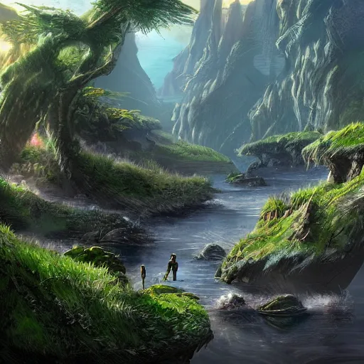 Prompt: epic concept art of a lush natural scene on an alien planet. very detailed. beautiful landscape. weird vegetation. cliffs and water. featured on deviantart.