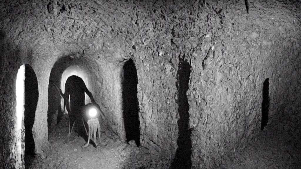 Image similar to creepy, incredibly tall, skinny and pale creature lurking in the catacombs captured on film camera